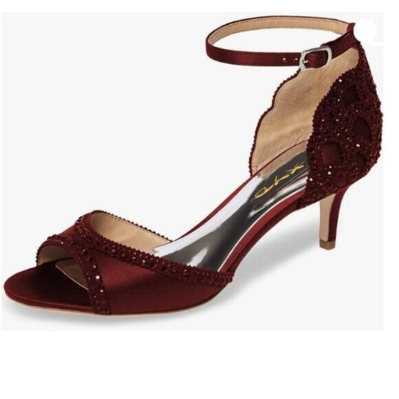 XYD Wine Red Peep Toe D'Orsay Kitten Heel Rhinestone Studs Ankle Strap Sandal - Picture 1 of 8